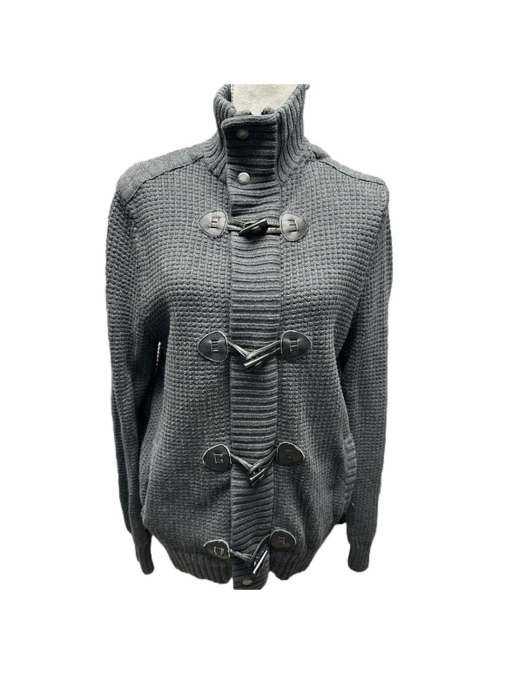Express  Dark Academia Zip Toggle Knit Cardigan Elbow Patch Sweater Grey …
